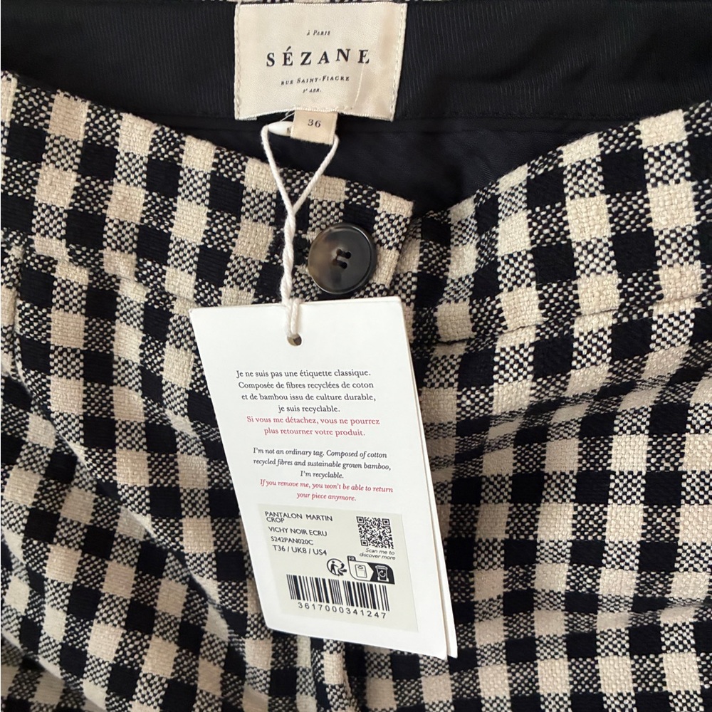 Sézane Martin Crop Checkered Black and Cream trousers. Size 36 (4) Pre 2025 NWT - Picture 4 of 6